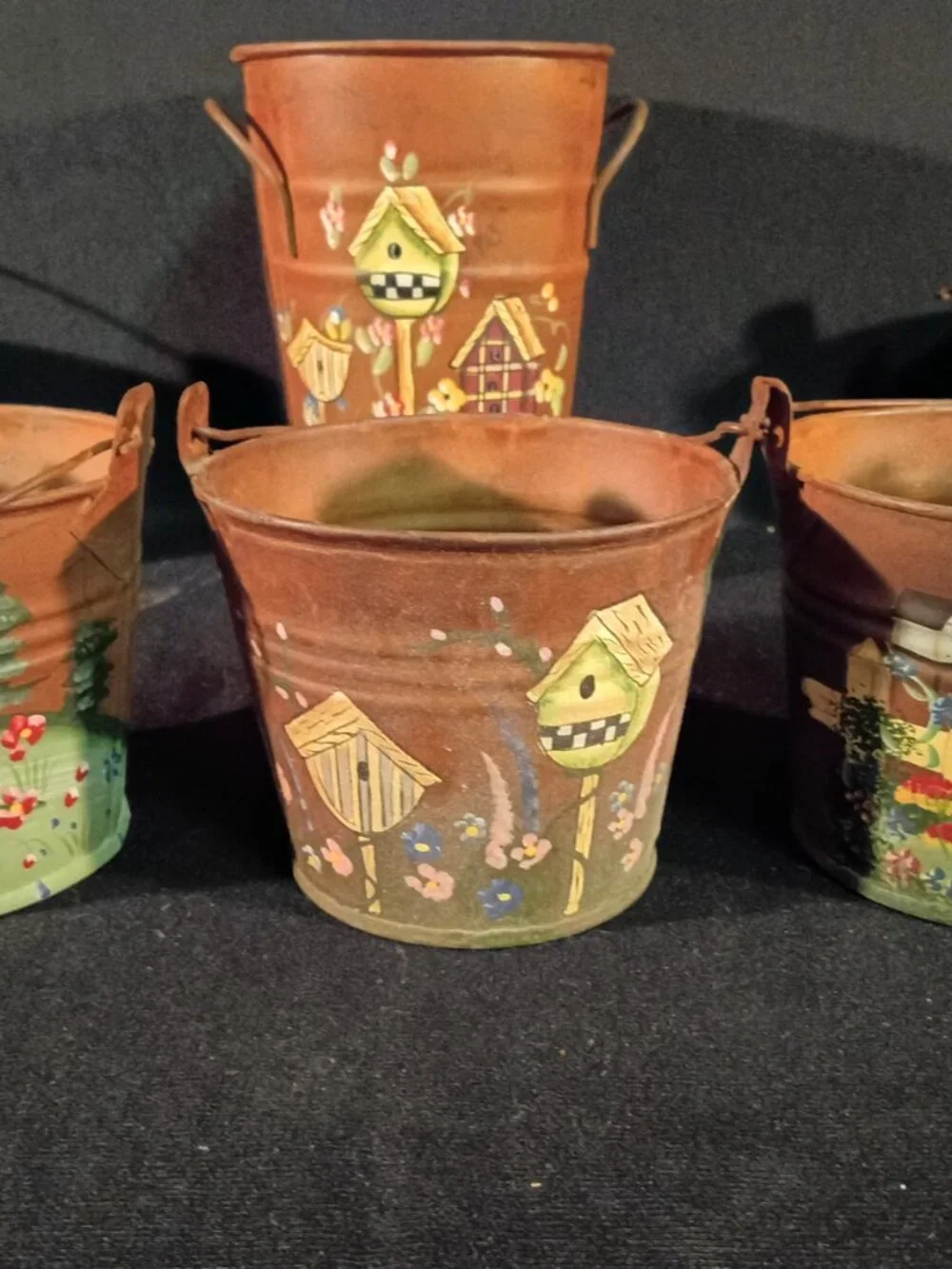 Set of 6 Rustic Hand Painted Metal Garden Buckets Birdhouse Planters Decor